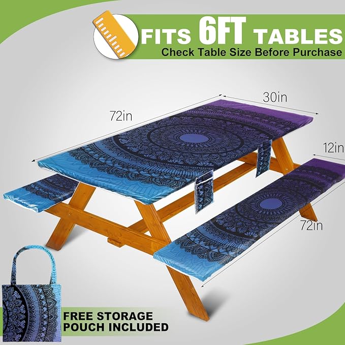 Picnic Table Cover with Bench Covers Vinyl Elastic Edges Fitted Rectangle Seat Tables Waterproof 3-Piece72X30in Set Outdoor Rectangular Folding Backing Tablecloth for Camping Over Size