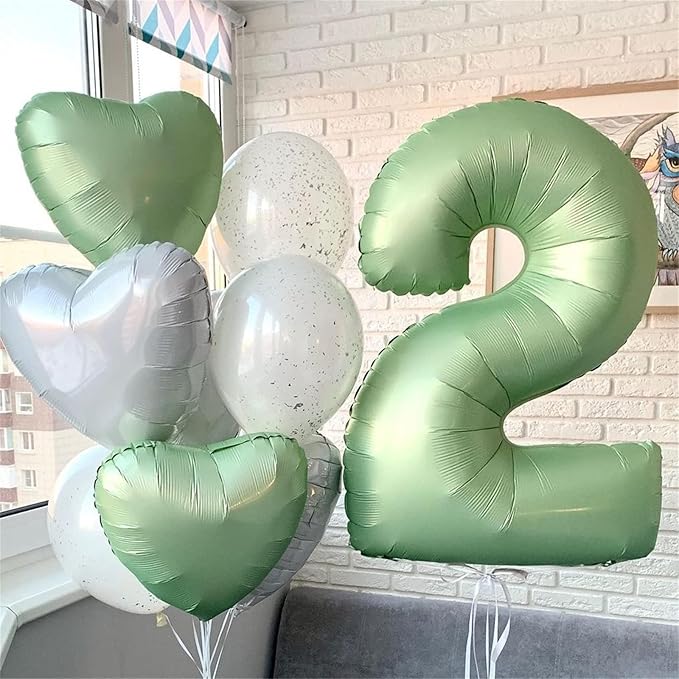 40" Balloon Number 2 Sage Green, Large Foil Number Balloons Set 0-9, Olive Green 2 Helium Balloons for Girls Boys 2nd 12th 20th Birthday Anniversary Graduation Jungle Safari Party Decoration Supplies
