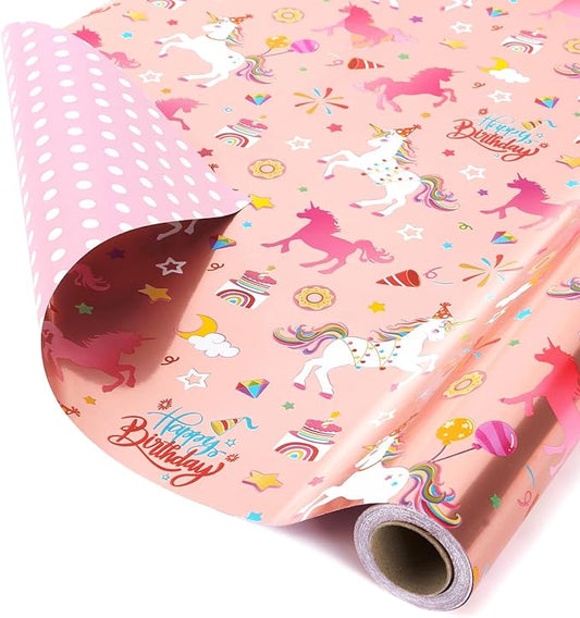 WERNNSAI Unicorn Gift Wrapping Paper Roll - 1 Roll 17” x 33 ft Baby Girl Pink Wrapping Paper for Kids Unicorn Birthday Party Decor Supply Reversible Metallic Foil Dots Design