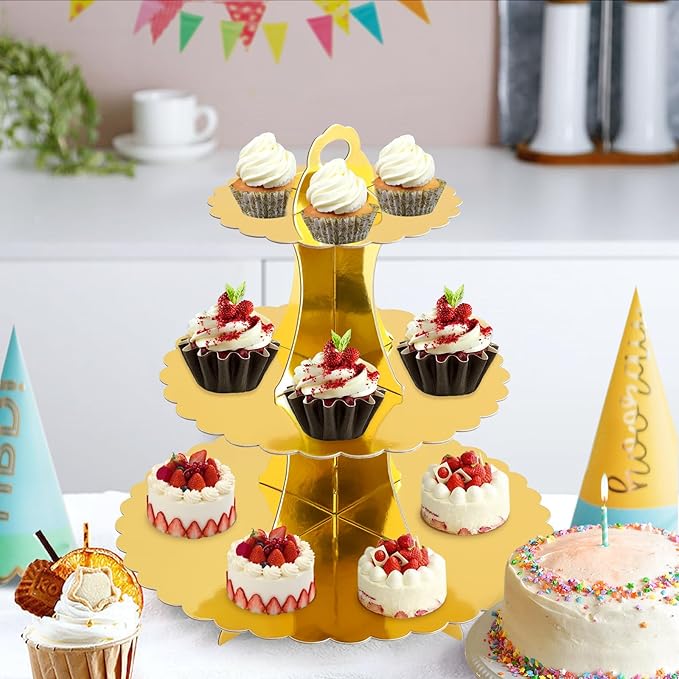 Soleebee 3-Tier Cupcake Stand, Cardboard Cupcake Tower, Dessert Cup Cake Stand Tower for Birthday Wedding Party Decoration, Cupcake Tier Stand 1 Set (Gold)
