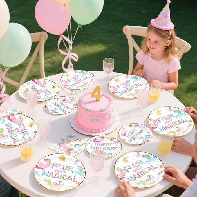 Grencian 96pc Unicorn 4th Birthday Party Supplies Magical Pastel Rainbow Unicorn Plates Napkins Forks Serves 24