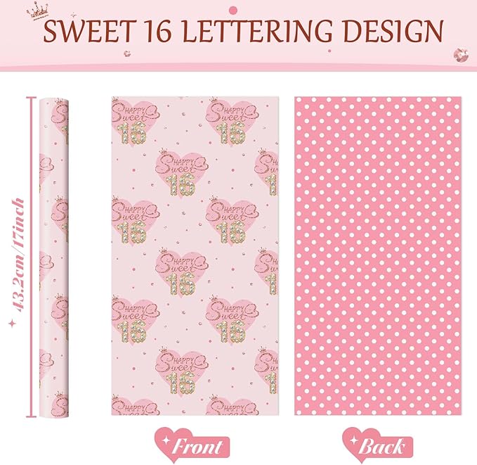 WERNNSAI Sweet 16 Birthday Wrapping Paper - 1 Roll 17”x 33ft Happy Birthday Wrapping Paper Pink Love Heart Gift Wrap for Girls Daughter Granddaughter Friends Sweet Sixteen Gifts Supply