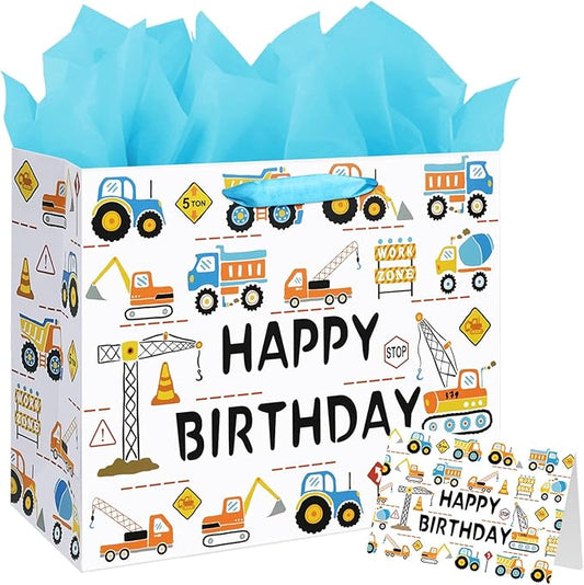 16.5" Large Happy Birthday Gift Bag for Baby Boy Kids with Tissue Paper and Card (Construction Vehicle)