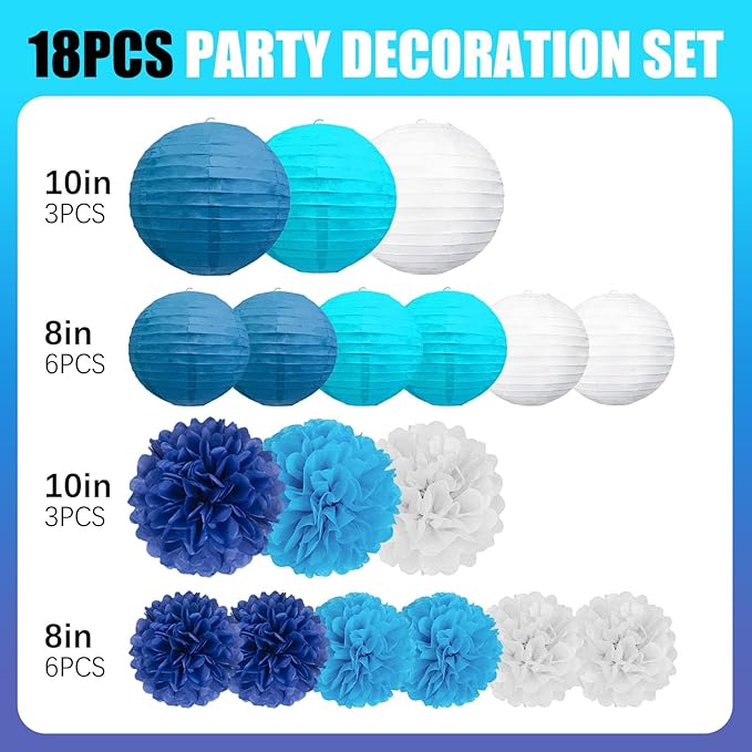 18 PCS Blue White Paper Lanterns & Tissue Paper Pom Poms for Boyss Birthday, Baby Shower, Wedding, Bridal Shower, Hanging Paper Decor for Indoor Outdoor Events Party Supplies