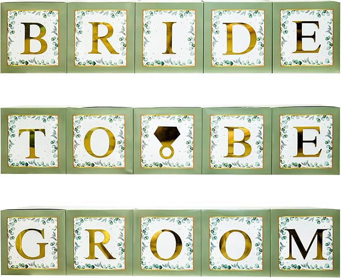 101 PC Greenery Bridal Shower Decorations Balloon Boxes Gold- Blocks with BRIDE TO BE + GROOM + A - Z Letters and 40 Balloons- Engagement Bachelorette Parties Weddings Centerpieces Photo Booth Props