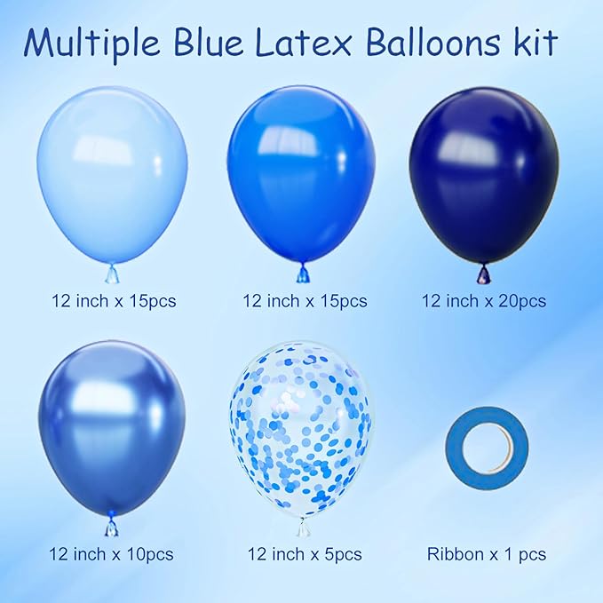 Blue Balloons Set, 65pcs 12 inch Metallic Blue Balloons Navy Blue Blue Confetti Macaron Baby Blue Latex Balloons for Birthday Baby Shower Graduations Party Decorations