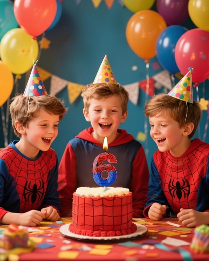 Number 6 Spider Themed Birthday Candle, 2.68 Inch Red Blue Spider Birthday Candles, Number Candles Birthday Cake Toppers Web Candles for Boy Girl Spider Party Decoration Supplies Halloween Party