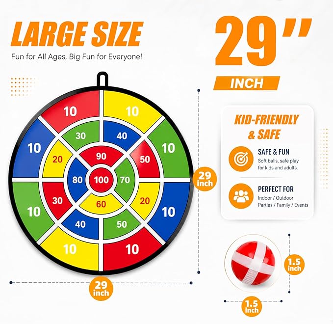 BooTaa 29" Large Dart Board for Kids, Kids Dart Board with Sticky Balls, Boys Toys, Indoor/Sport Outdoor Fun Party Play Game Toys, Birthday Gifts for 3 4 5 6 7 8 9 10 11 12 Year Old Boys Girls