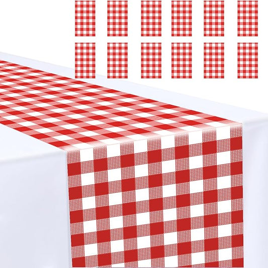 12 Pcs Red and White Checkered Table Runner Plastic 14 x 108 Disposable Gingham Table Runner for Birthday Wedding Baby Shower Christmas Party Table Centerpiece Decorations