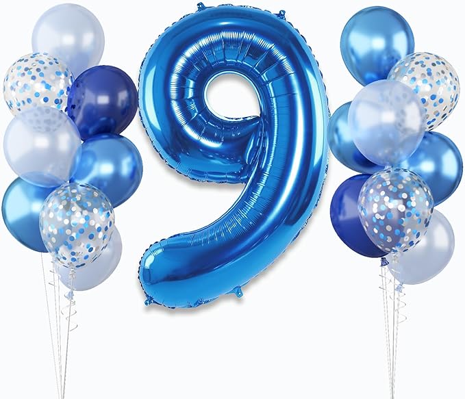Navy Blue 9 Balloons, 40 Inch Dark Blue Foil Number 9 Balloon Set, XXL Self Inflating 9 Helium Balloon with Metallic Blue Silver Confetti Balloon for Boys 9th Birthday Anniversary Party Decorations