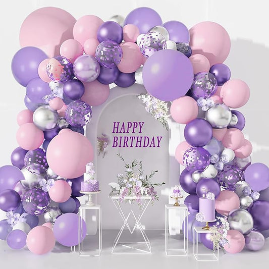 Purple Balloons Garland Arch Kit,131pcs Pink Purple Confetti Balloons with Silver Ballons for for Girl Baby Shower Birthday Wedding Anniversary Party Decorations