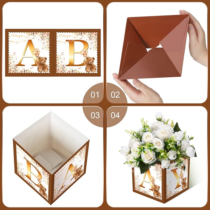 Bucherry 6 Pcs Baby Shower Centerpieces with Letters, 7" Baby Blocks Flower Boxes for Table Decorations, Gender Reveal Party Supplies & Photo Props(Brown,Brown Bear)