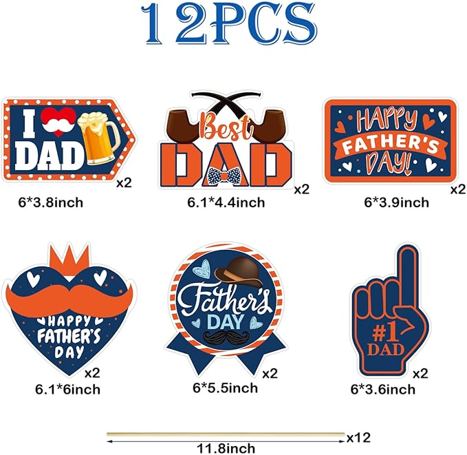 Happy Father's Day Party Vase & Tabletop Decor Cut-Out Cards - Happy Father's Day Double-Sided Printed Table Centerpieces - Father's Day Themed Party Essential Decorations (Set of 12 Pieces)