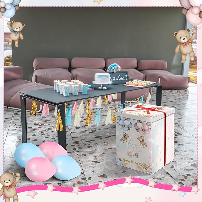 Hungdao Gender Reveal Balloon Box with Ribbon and 10 Pink and Blue Balloons Gender Reveal Games He or She Open to See for Party Decoration 12"x12"x16"(Boho Bear)