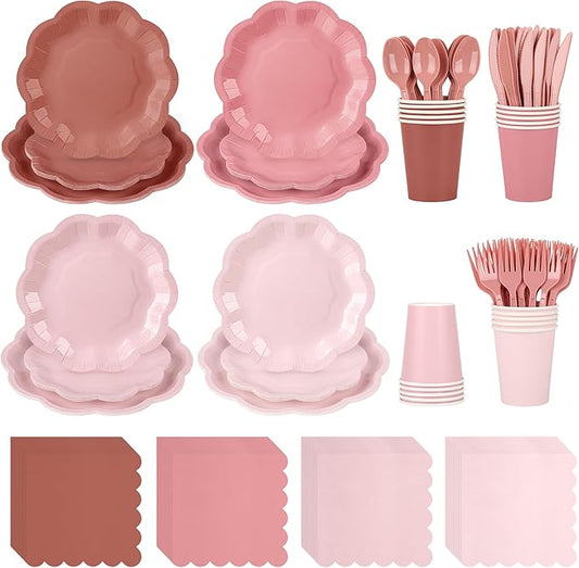 168 Pcs Dusty Pink Paper Plates and Napkins 24 Guests Gradient Scalloped Disposable Tableware Party Supplies Set for Mothers Day Wedding Birthday Garden Tea Party