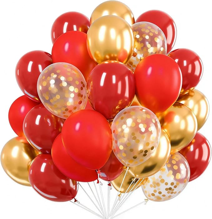 PartyWoo Red and Gold Balloons 66pcs 12 10 Inch Matte Red Burgundy Metallic Chrome Gold Confetti Balloons for Graduation Baby Shower Birthday New Year's Eve Anniversary Christmas Party Decorations