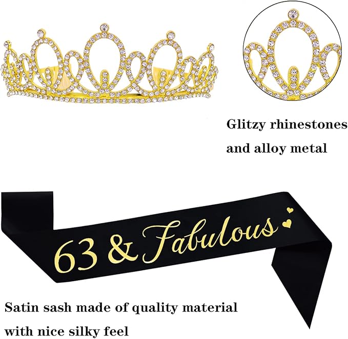 Mayin Happy 63th Birthday Tiara and Sash Gifts Crystal Rhinestone Princess Crown Birthday Women Party Favor Supplies Gold Crowns Black Sash