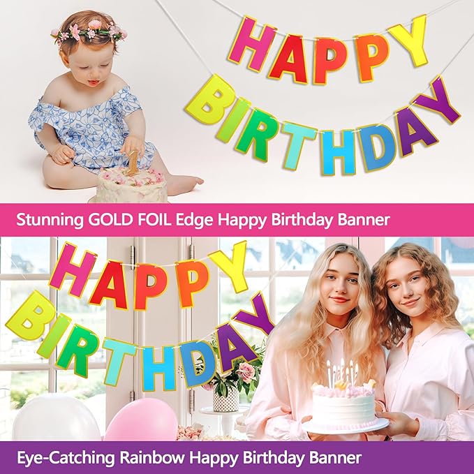 Happy Birthday Banner - 9 ft Pre-Strung Backdrop Sign for Women, Men, Girls, Boys - No DIY Colorful Birthday Decorations & Party Supplies