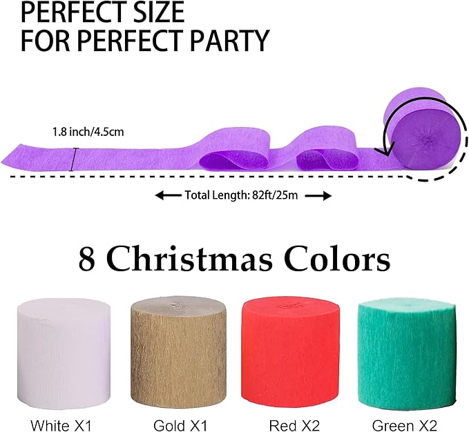 Crepe Paper Streamers 6 Rolls 492ft, Pack of Red Green White Gold Party Streamers for Party Decorations,Christmas Decorations, Birthday Decorations (1.8 Inch x 82 Ft/Roll)