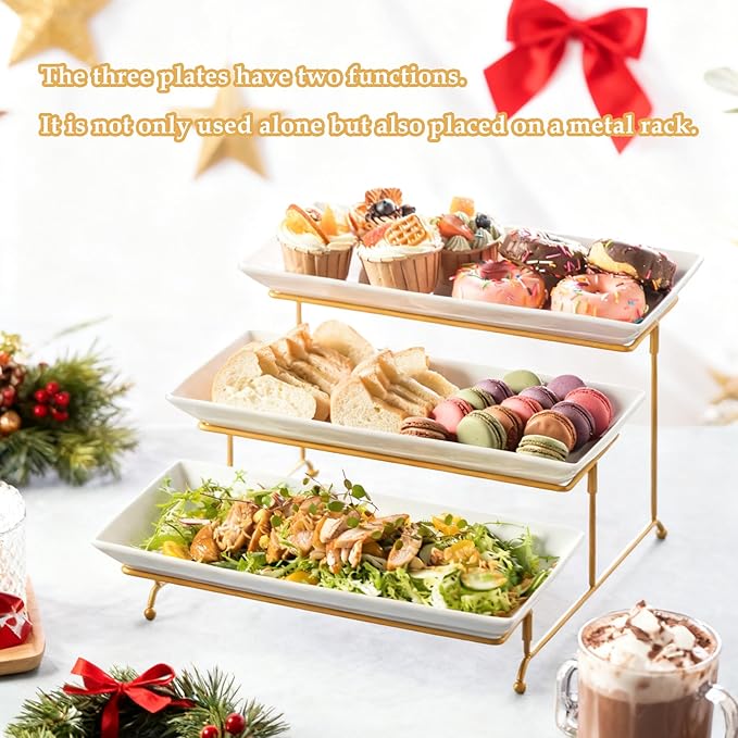 LYEOBOH 3 Tier Serving Stand and Platters Set Large Tiered Serving Platters with Collapsible Sturdier Rack 14 Inches Tiered Serving Tray for Appetizer Fruit, Dessert and Cupcake, White