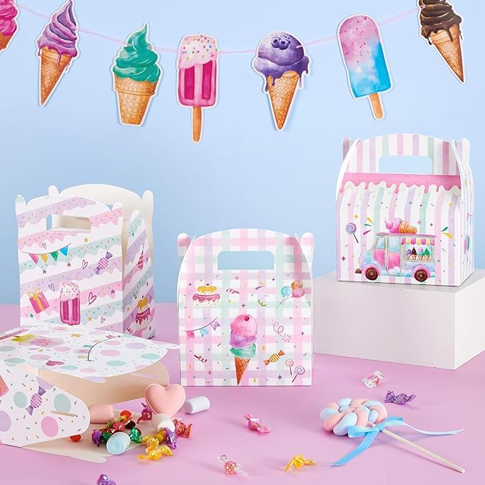 WERNNSAI 12 Pack Ice Cream Party Boxes - Ice Cream Birthday Decorations Summer Party Favor Boxes for Girls Kids Pink Purple Popsicle Candy Gift Box for Birthday Holiday Decoration