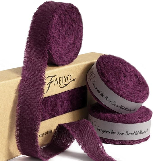 Grape Wine Cotton Ribbon 5/8 Inch Grape Wine 3 Rolls 21 Yards Frayed Edge Fabric Set for Wedding Decor, Anniversary Celebration, Bridal Bouquet Wrap, Gift Wrapping & Fall Wedding