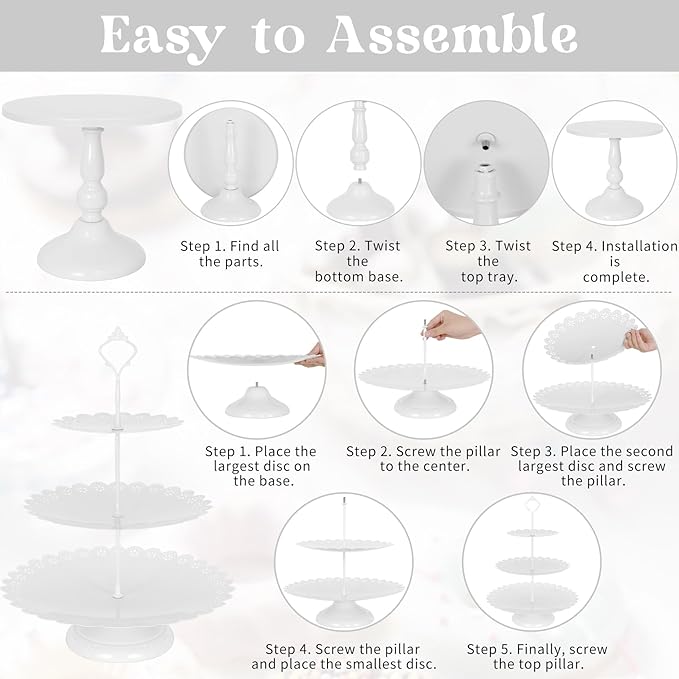 Fivenl 8 Pcs Cake Stand White Metal Dessert Table Display Set, 3-Tier Cupcake Stand, Cake Display Tower and Cookie Tray Rack Serving Tray for Birthday Party, Weddings, Baby Shower (White)