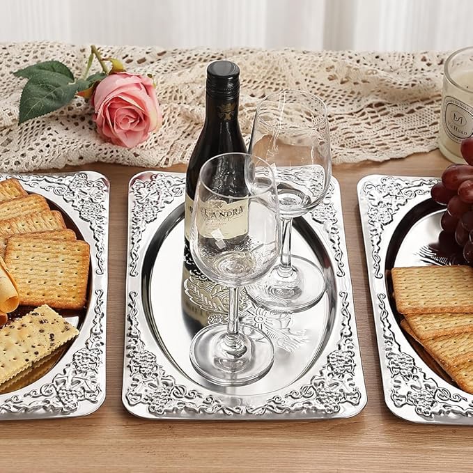 4-Pack Small Silver Serving Trays Set - ZENOVLUX Oval Vintage Engraved Mirror Decorative Tray, 11.4" x 7" Wedding Party Platters for BBQ, Food, Appetizer, Charcuterie, Cookies, Desserts