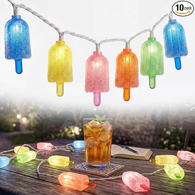 Tropical Beach Themed LED Popsicle String Lights 8.5Ft Summer Novelty Decorations Light with 10 Multicolor Ice Cream Lights, Plug in Fairy Light for Outdoor Patio Garden Bedroom Tent Birthday Party