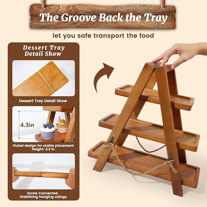 Tnstbiee Rustic 3-Tier Cupcake Stand - Wooden Desserts Stand for Cakes,Pastries &Fruits - Removable Trays& Foldable Design-Perfect for Parties Home Events and Weddings-Ideal Gift For Party Enthusiasts