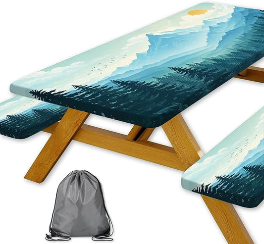 Picnic Table Cover with Bench Covers and Bag, Forest Mountain Sunset Camping Tablecloth, Waterproof Windproof Oilproof Elastic Edges Fitted Tables Cover for Indoor Outdoor 3PCS 30x72 Inch (Green)
