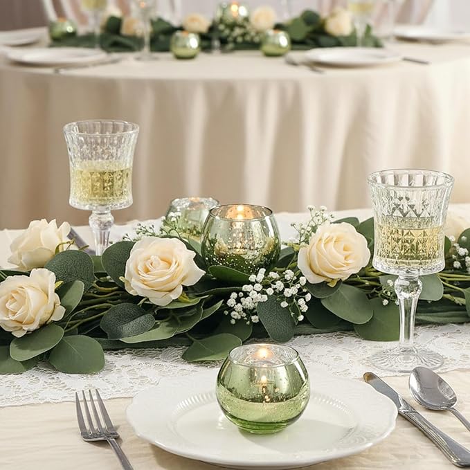 24 Pcs Green Candle Holder for Wedding Decor- Sage Green Mercury Glass Votives for Bridal Shower, Tea Party Table Centerpieces, Vintage Rustic Wedding