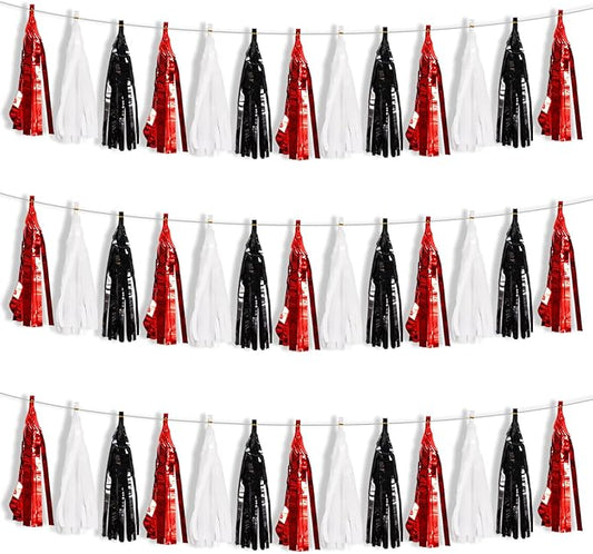 BEISHIDA 3 Packs Red Black White Metallic Foil Fringe Tassel Garland, Tassels Banner Streamers for Car Floats Bridal/Baby Shower Birthday Wedding Halloween Christmas Holiday Party Decoration