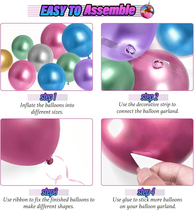 FOTIOMRG 135pcs Disco Balloon Arch Kit with Disco Ball Balloons Silver Blue Green Purple Hot Pink Gold Metallic Balloons, Star Disco Foil Balloons for Birthday 70S 80S 90S Disco Party Decoration