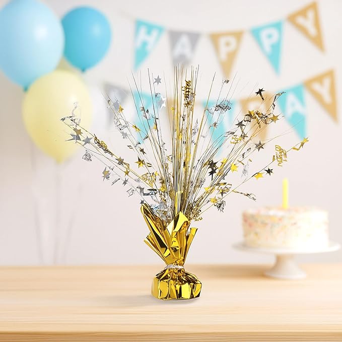 Canlierr 6 Pcs Metallic Foil Spray Centerpiece Party Happy Birthday Gold and Silver Small Star Table Decorations Burst Centerpieces with Emerald Willow Suitable for Birthday Party Season Holiday