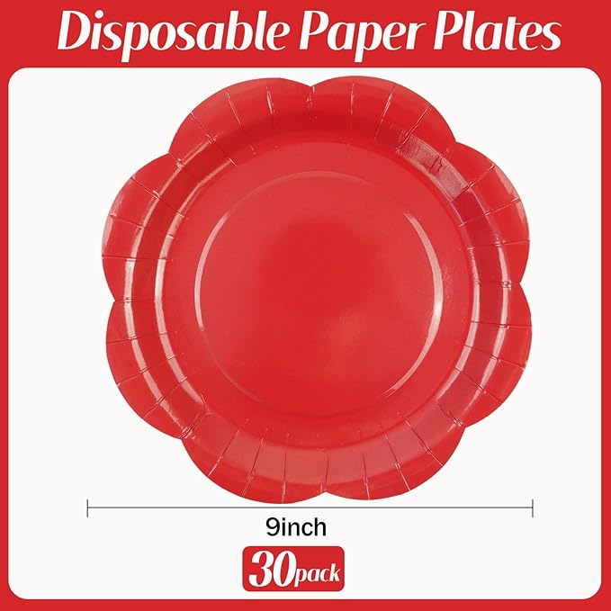 30 Pack Red Paper Plates 9 Inch, Disposable Scalloped Plates Cake Dessert Plate for Dinner Baby Shower Wedding Bridal Shower Birthday Party Supplies (Red, 9 inch)