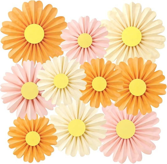 SUNBEAUTY 10 Pcs Daisy Paper Flowers Decorations Pink and Orange Flower Party Decorations Paper Fans Decor Hanging Paper Fans for Birthday Wedding Baby Shower Spring Garden Party Bulletin Board