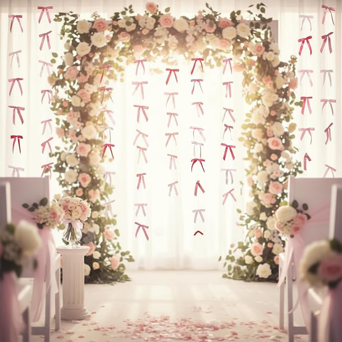 Taobary 8 Pcs 6.6 ft Bow Garland, Satin Ribbon Bow Banner Coquette Hanging Ornament for Photo Backdrop Birthday Party Wedding Bridal Baby Shower Wall Decorations(Elegant Pink,0.63 Inch)