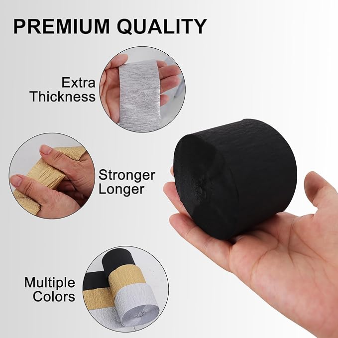 BEISHIDA 8 Rolls Black Gold Silver Crepe Paper Streamers for Graduation Birthday Newyear Party Decorations, DIY Craft Paper(1.8 Inch x 82 Ft/Roll)