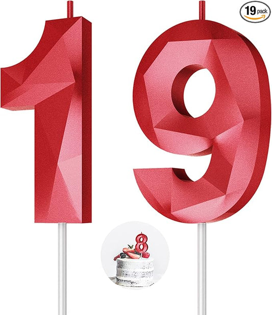 Number Birthday Candles(19 Candle Red) 3D Diamond Shape Number Happy Birthday Cake Candles for Birthday Party Wedding Decoration Reunions Theme Party