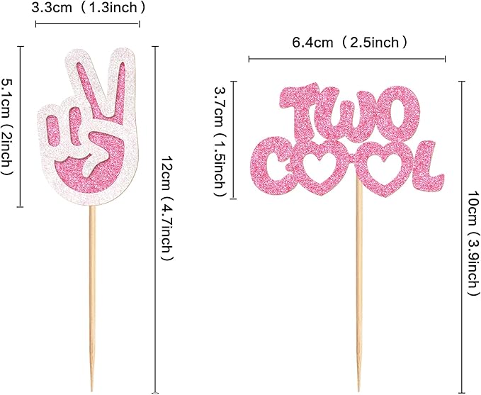 Ercadio 24 Pack Two Cool Cupcake Toppers Glitter Pink Two Cool Happy 2nd Birthday Cake Picks Baby Shower Kids Second Birthday Party Cake Decorations