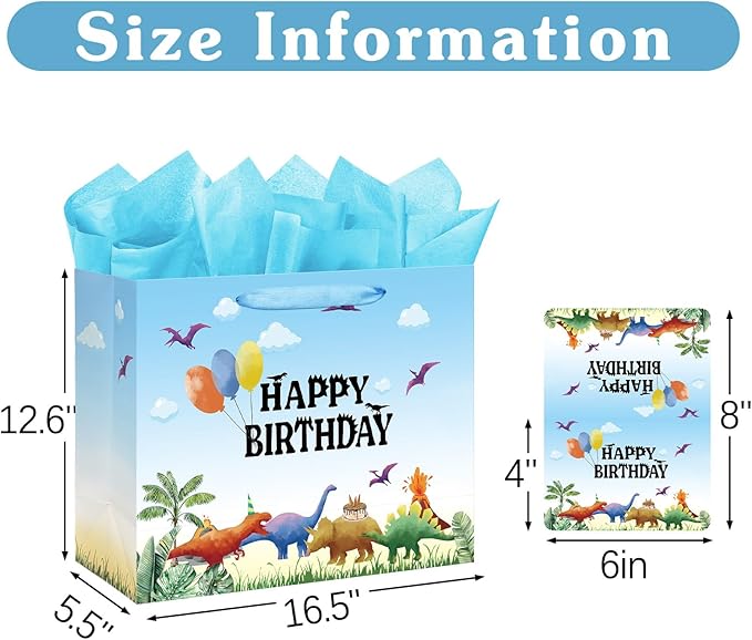 16.5" Extra Large Watercolor Dinosaur Birthday Gift Bag for Boy Kids with Card and Tissue Papers