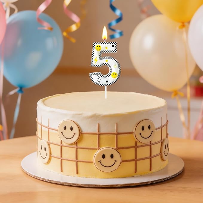 Number 5 Birthday Candle for Cake – 2.7 Inch Large Size Black White Checkered Smiley Design with Lightning & Star – five Happy Dude Theme Cake Topper Decoration