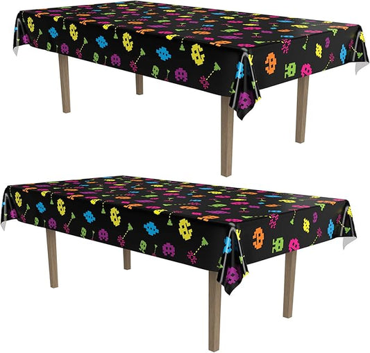 Beistle 80’s Tablecovers, 54” x 108”, 2 Pieces – Plastic Rectangular Tablecloth, Table Covers for Party, Party Decorations, Birthday Video Game Supplies, Multi Color