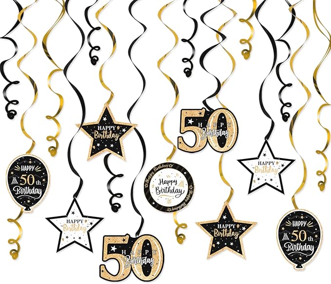 Happy 50th Birthday Black & Gold Glitter Swirls Streamers Party Decorations - 15 Pcs 50th Birthday Hanging Swirls Streamers Kit,Cheers to Fifty Years Old Bday Party Sign.