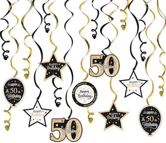 Happy 50th Birthday Black & Gold Glitter Swirls Streamers Party Decorations - 15 Pcs 50th Birthday Hanging Swirls Streamers Kit,Cheers to Fifty Years Old Bday Party Sign.