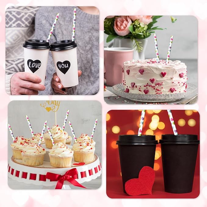 Whaline 200Pcs Valentine's Day Paper Straws Conversation Heart Disposable Drinking Straws Candy Color Heart Decorative Straws for Wedding Birthday Party Supplies