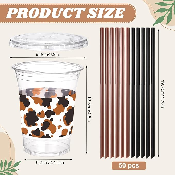 Yungyan 50 Sets Cow Cups with Lids and Straws 16 oz Western Plastic Cups for Coffee Juice Drinking for Cow Western Rodeo Birthday Baby Shower Party Decoration Supplies