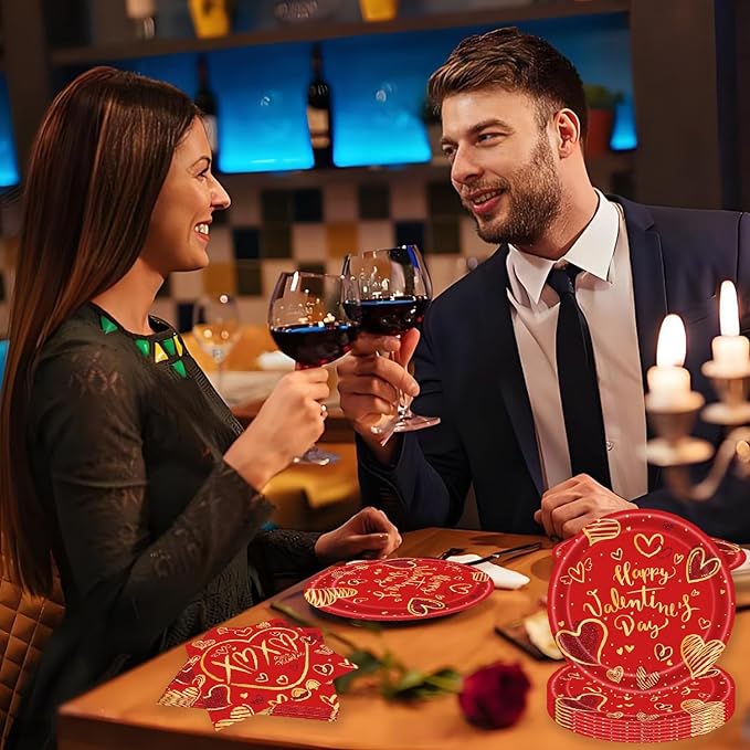 72Pcs Happy Valentine's Day Plates and Napkins Party Supplies Red & Gold Heart Paper Plates and Napkins with Forks 7inch Disposable Love Heart Dessert Plate Tableware Decorations for Valentines Day