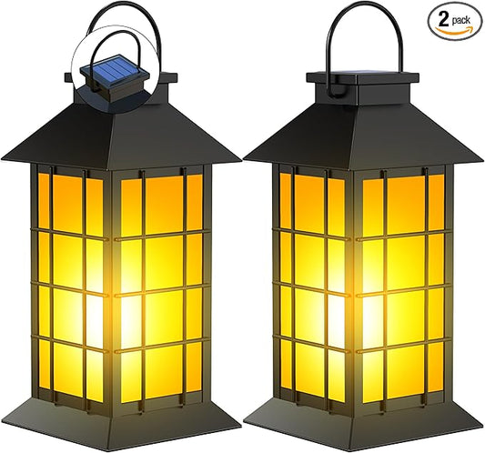 2 Pack 13" Black Solar Lantern with Flickering Flame Candle | Outdoor Waterproof Hanging Solar Lanterns, Metal & Glass Lights for Garden Decoration, Rustic Gifts for Mom
